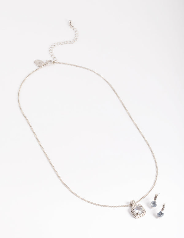 Silver Square Halo Necklace & Stud Earrings