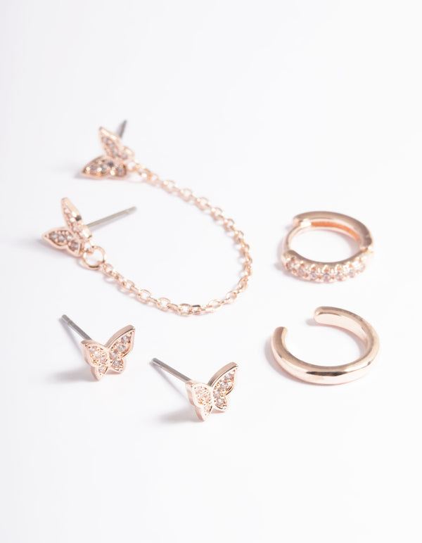 Rose Gold Plated Butterfly Chain 6-Pack Earrings