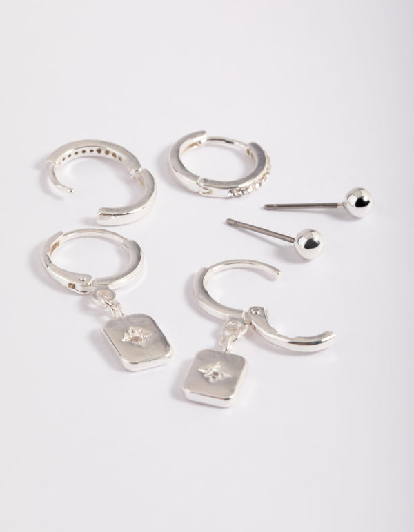 Silver Plated Brass  Cubic Zirconia Celestial Stud Earrings 6-Pack