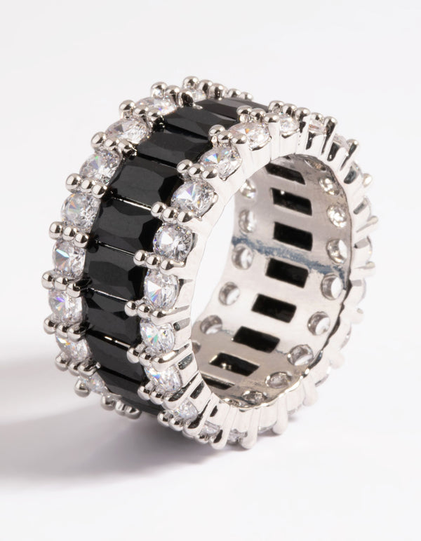 Rhodium Cubic Zirconia Large Baguette 3-Row Ring