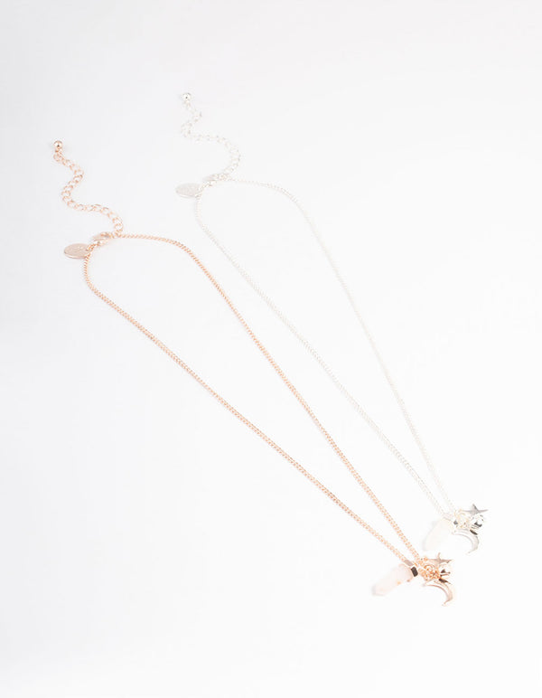 Mixed Metal Rose & Clear Quartz Charm Shard Necklace Pack