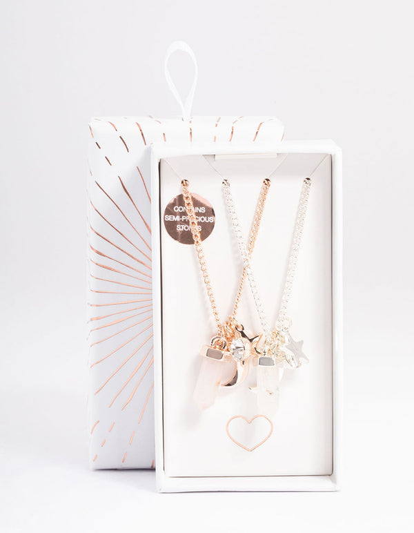 Mixed Metal Rose & Clear Quartz Charm Shard Necklace Pack