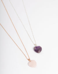 Mixed Metal Amethyst & Rose Quartz Heart Necklace Pack - link has visual effect only