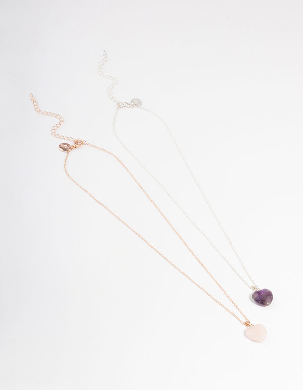 Mixed Metal Amethyst & Rose Quartz Heart Necklace Pack