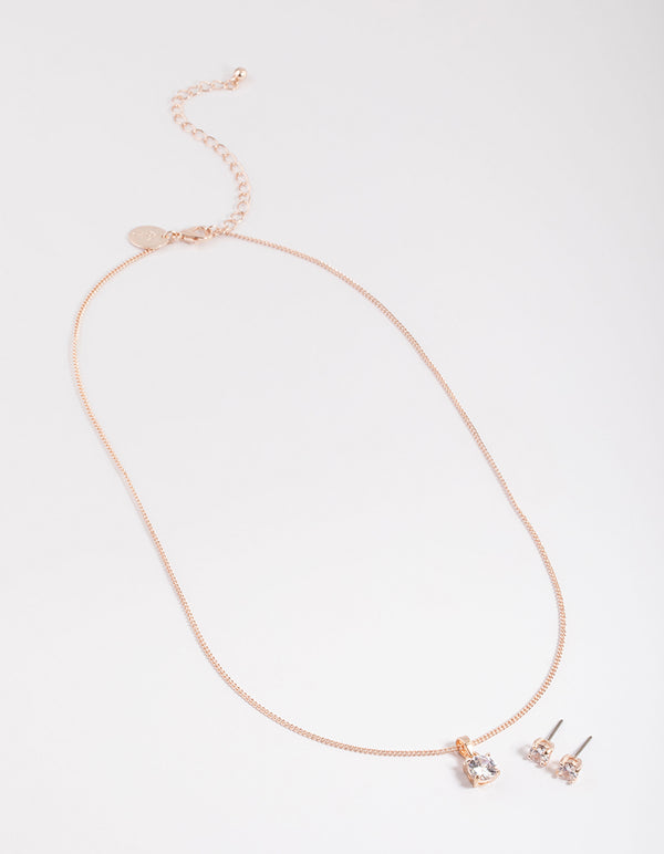 Rose Gold Cubic Zirconia Solitaire Necklace & Stud Earrings