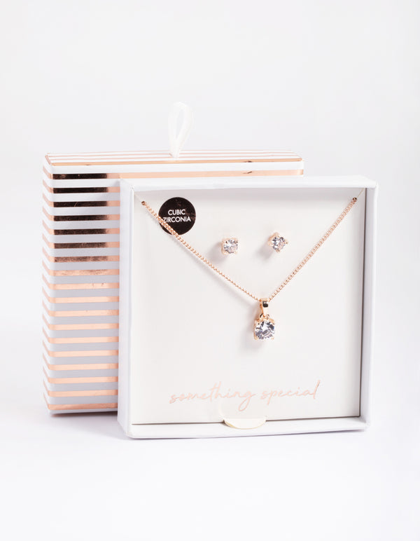 Rose Gold Cubic Zirconia Solitaire Necklace & Stud Earrings