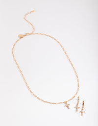 Gold Diamante Cross Necklace & Huggie Earrings - link has visual effect only