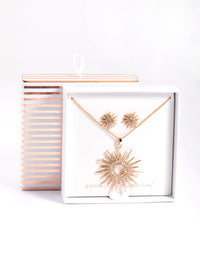 Gold Statement Diamante Sun Necklace & Stud Earrings - link has visual effect only