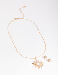 Gold Statement Diamante Sun Necklace & Stud Earrings - link has visual effect only