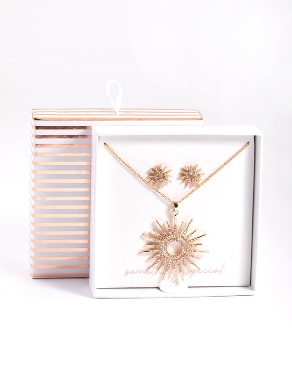 Gold Statement Diamante Sun Necklace & Stud Earrings