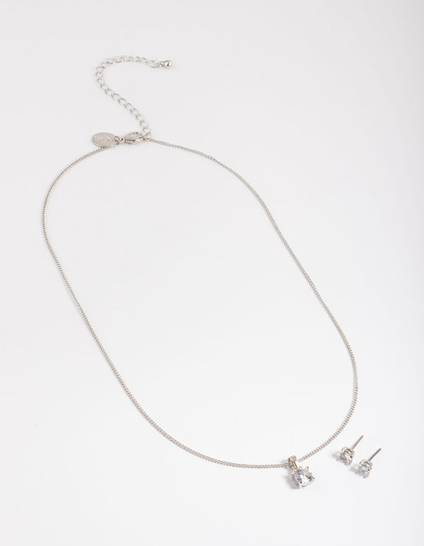 Silver Cubic Zirconia Solitaire Necklace & Stud Earrings