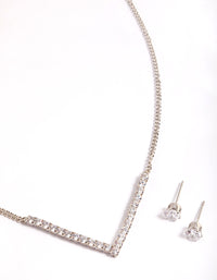 Rhodium Cubic Zirconia Necklace & Stud Earrings - link has visual effect only