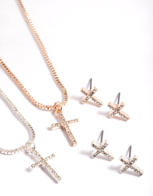 Mixed Metal Diamante Cross Necklace & Stud Earrings