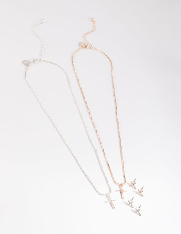 Mixed Metal Diamante Cross Necklace & Stud Earrings