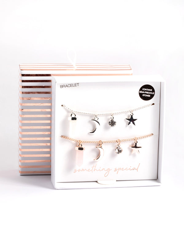 Mixed Metal Rose & Clear Quartz Mix Shard Bracelet Pack
