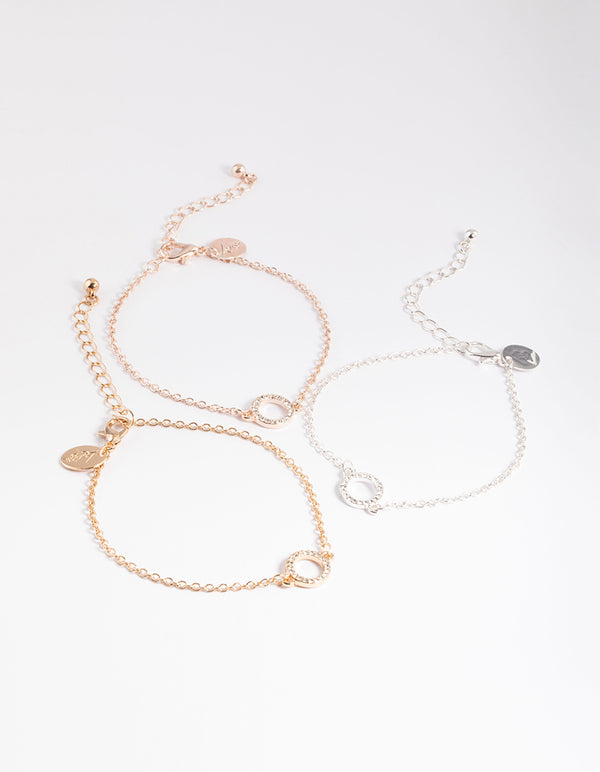 Mixed Metal Diamante Open Circle Bracelet Pack