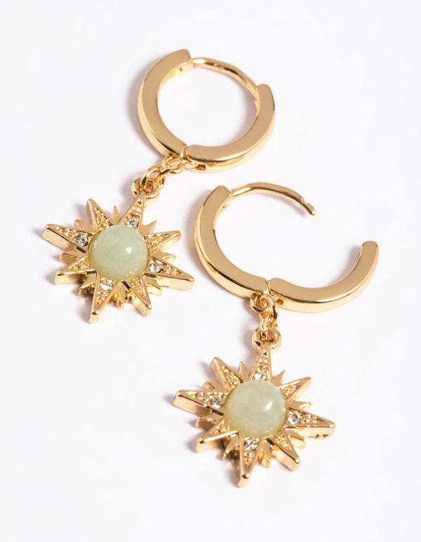 Gold Plated Green Semi Precious Sun Earrings