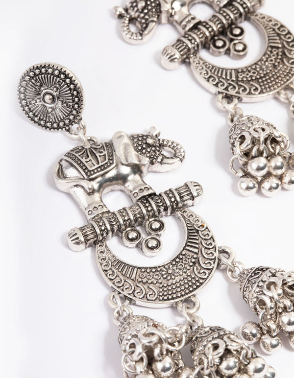Long Antique Silver Elephant Jhumka Earrings
