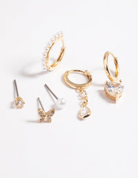 Gold Cubic Zirconia & Pearl Butterfly 6-Pack Earrings - link has visual effect only