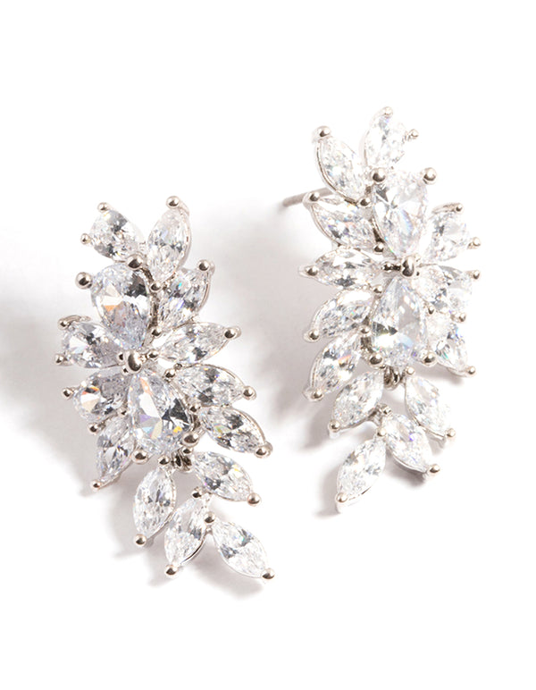 Silver Diamond Simulant Floral Drop Earrings