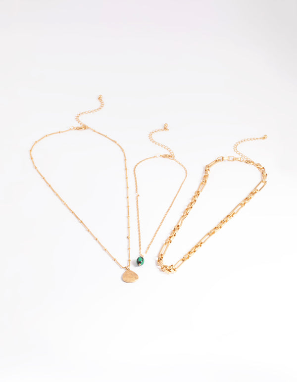 Worn Gold Multi Row Stone Coin Necklace