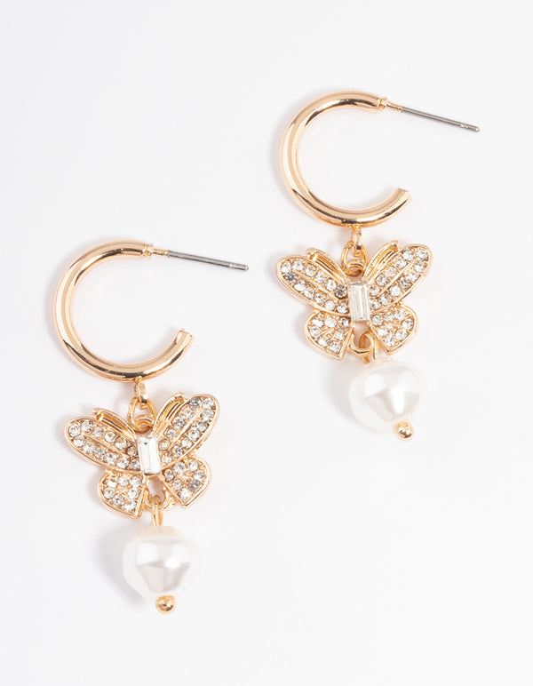 Gold Diamante Butterfly Pearl Earrings