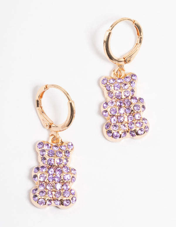 Purple Diamante Teddy Bear Huggie Earrings