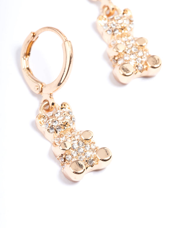 Gold Diamante Teddy Bear Huggie Earrings