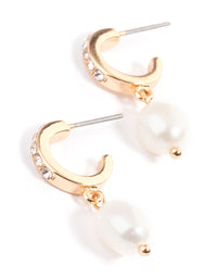 Gold Diamante & Freshwater Pearl Drop Huggie Earrings - link has visual effect only