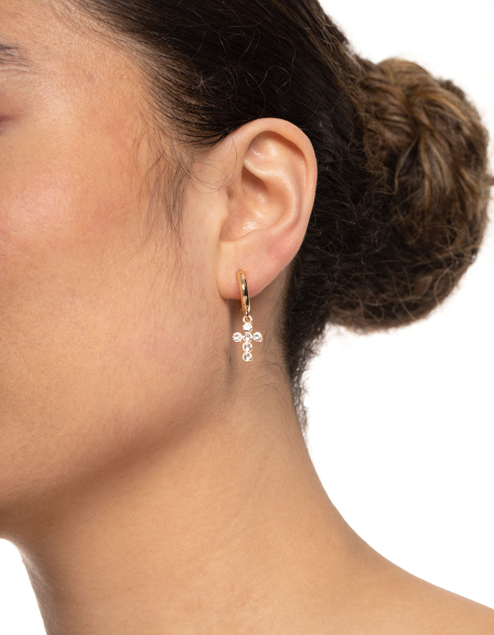 Gold Round Diamante Cross Huggie Earrings
