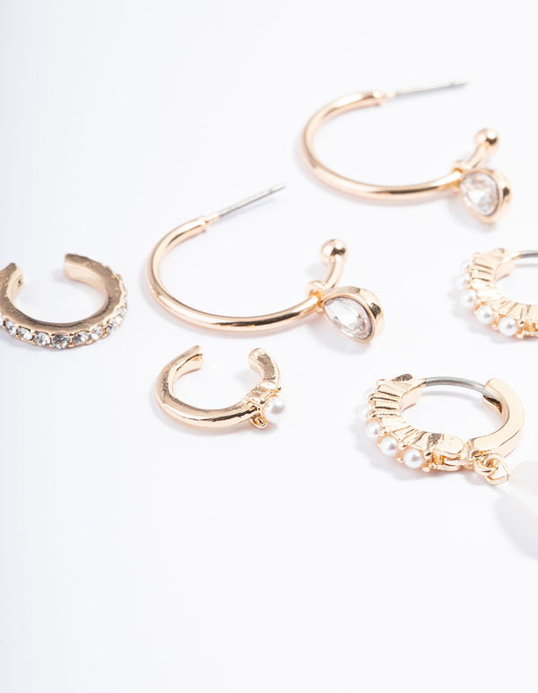 Gold Pearl Diamante Cuff & Hoop Earring Pack