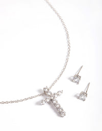 Silver Diamond Simulant Stud & Cross Necklace Set - link has visual effect only