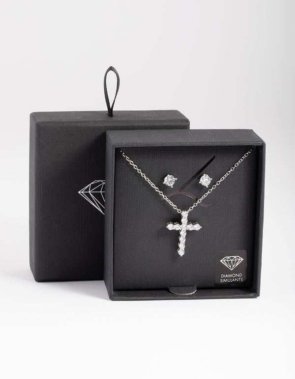Silver Diamond Simulant Stud & Cross Necklace Set
