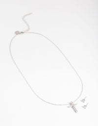 Silver Diamond Simulant Stud & Cross Necklace Set - link has visual effect only