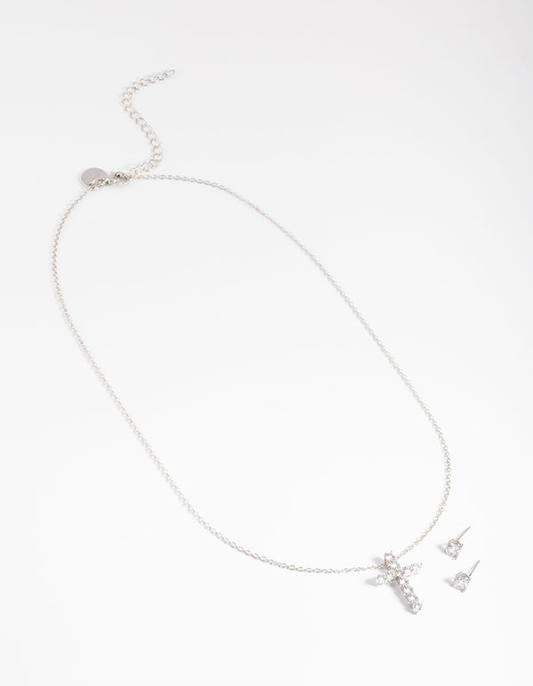 Silver Diamond Simulant Stud & Cross Necklace Set