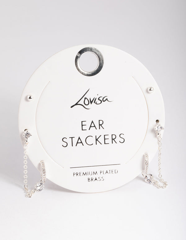 Silver Plated Brass  Cubic Zirconia Pave Huggie Chain Earrings 6-Pack