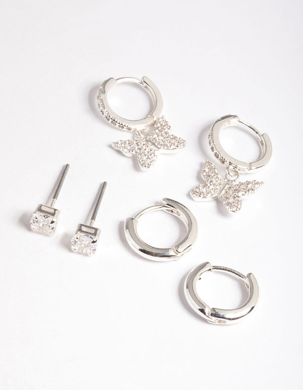 Silver Plated Brass  Cubic Zirconia Pave Butterfly Earring 6-Pack