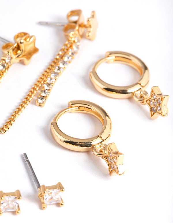 Gold Plated Brass Stars & Chain Earrings 6-Pack