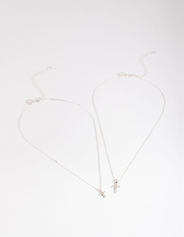 Silver Diamante Cross Layered Necklace