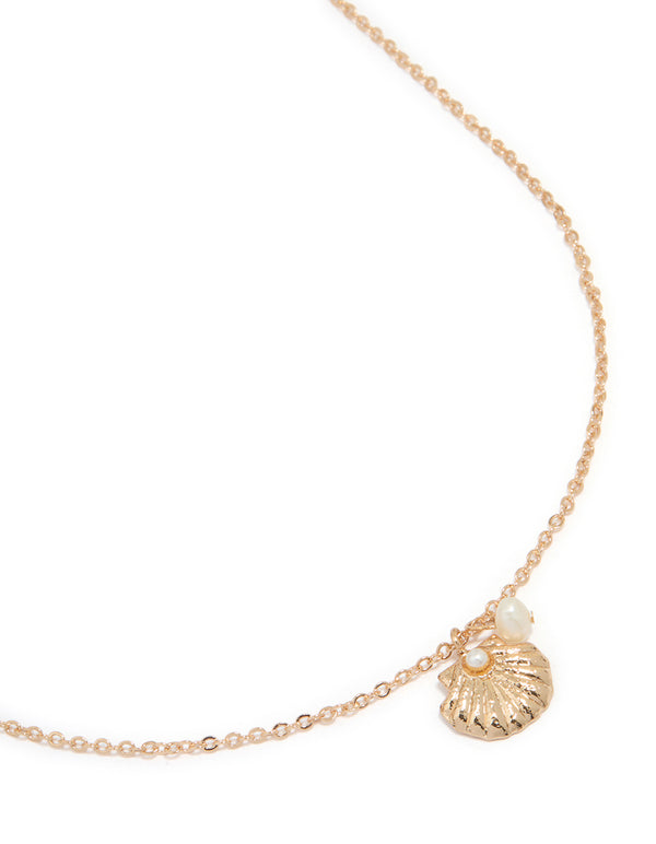 Gold Freshwater Pearl & Clam Pendant Necklace