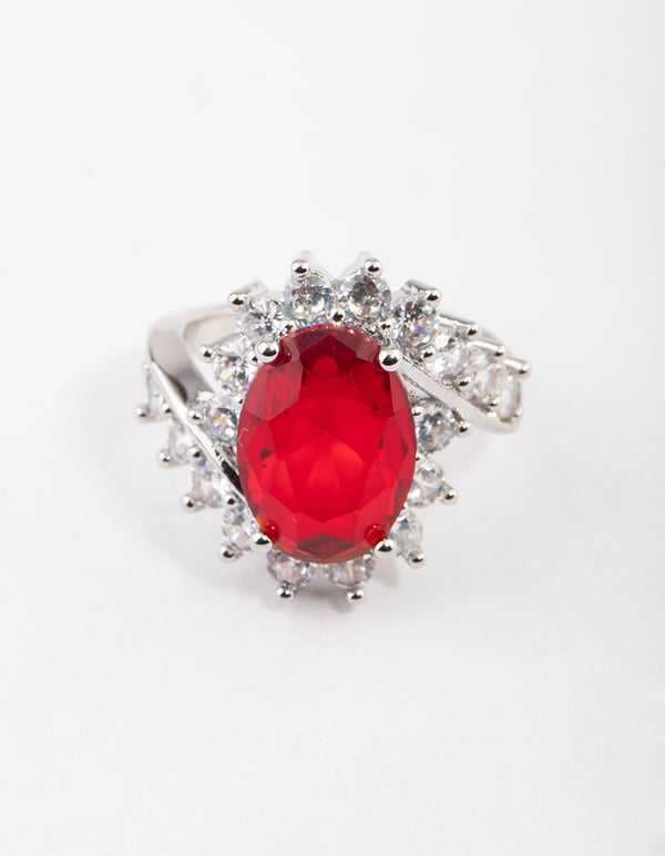 Silver Cubic Zirconia Vintage Red Oval Ring