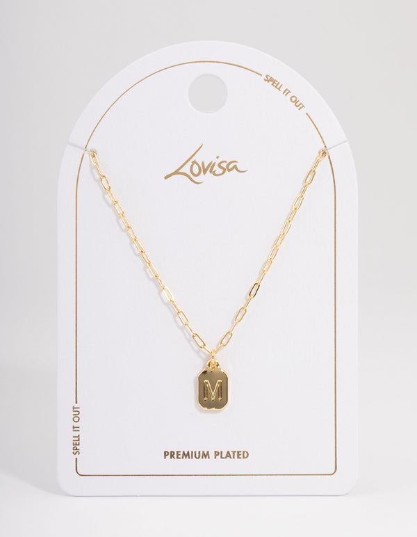 Letter M Gold Plated Rectangle Pendant Initial Necklace