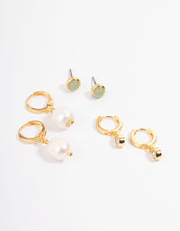 Gold Plated Green Aventurine Freshwater Pearl Cubic Zirconia Earring Pack - link has visual effect only