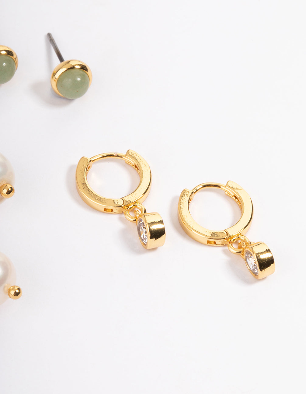 Gold Plated Green Aventurine Freshwater Pearl Cubic Zirconia Earring Pack