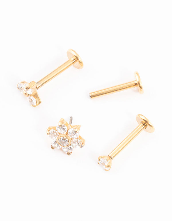 Gold Plated Titanium Cubic Zirconia Flower Threadless Flat Back Pack