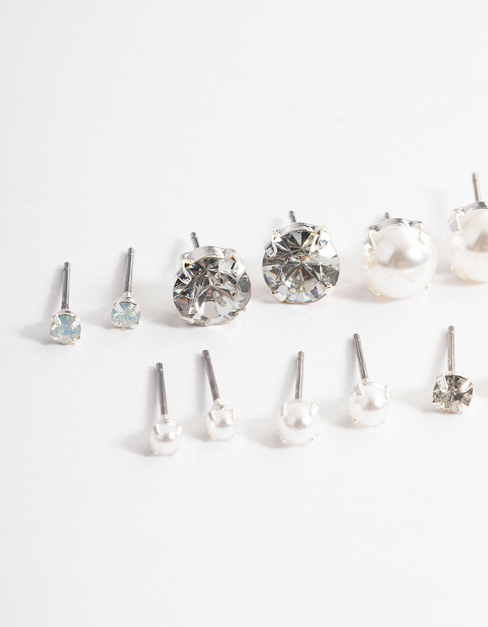 Silver Pearl & Diamante Stud Earrings 8-Pack