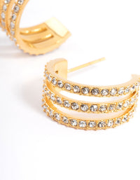 Waterproof Gold Plated Stainless Steel Diamante Three Hoop Earrings - link has visual effect only
