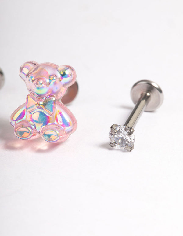 Surgical Steel Cubic Zirconia Bear Flat Back Pack