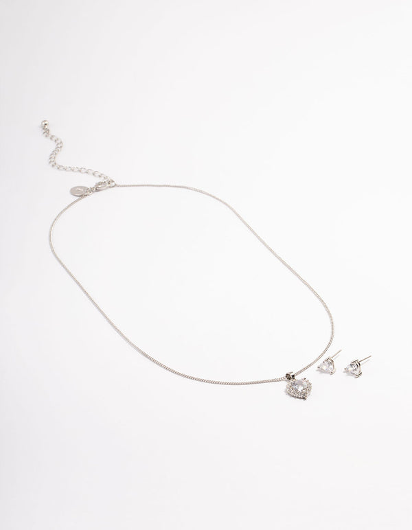 Silver Cubic Zirconia Halo Heart Earrings & Necklace Set
