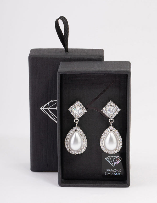 Silver Detail Diamond Pearl Drop Earrings